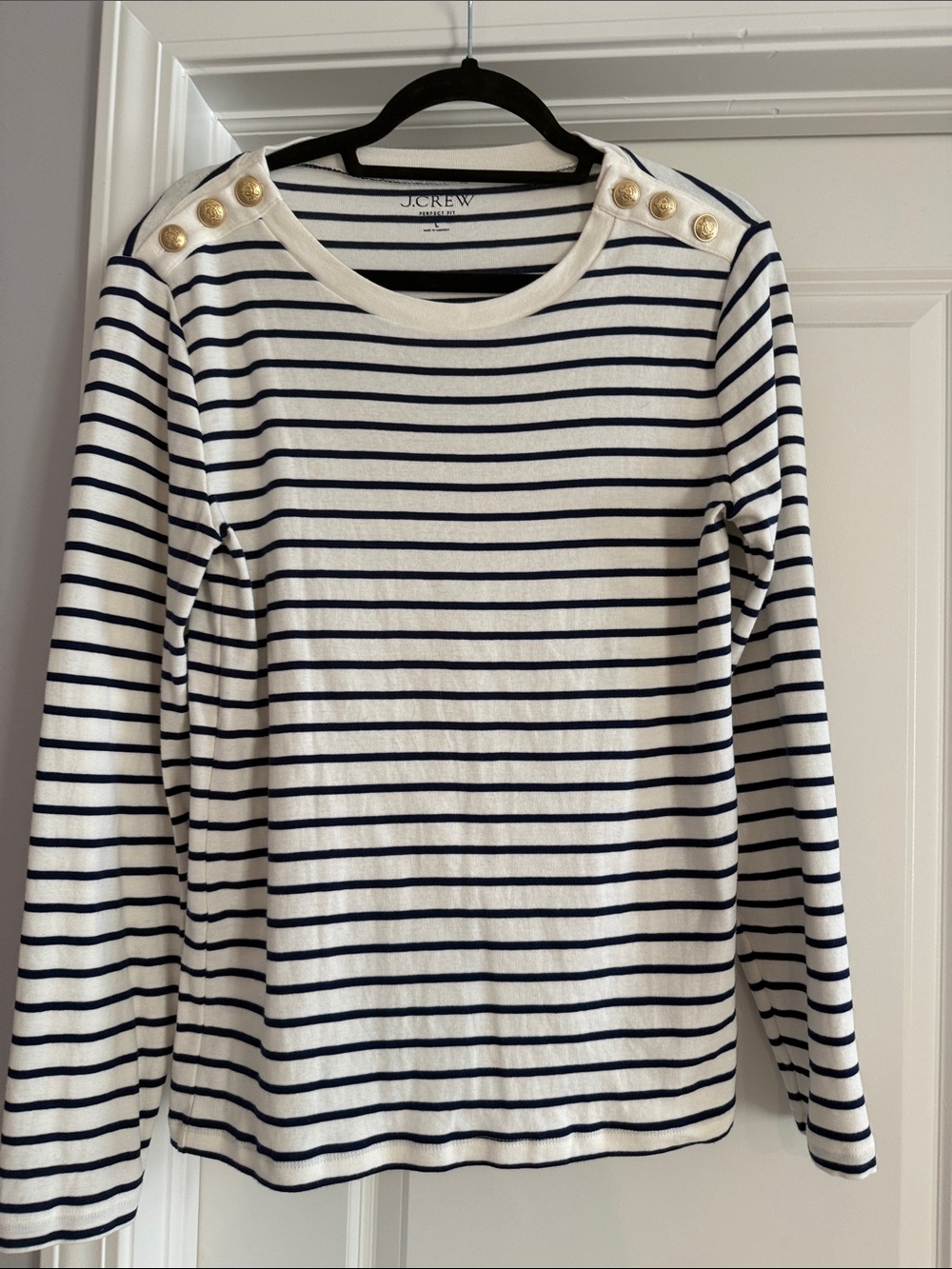 J. Crew Navy and White Striped Long-Sleeve Top with Gold Shoulder Buttons